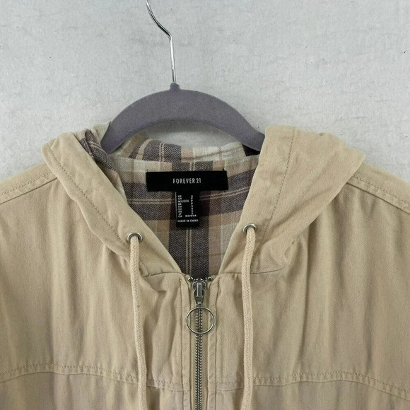 Forever 21 Jacket Womens Sz S Beige Full-Zip Flannel Lined Hooded Bomber Cropped - Picture 5 of 9
